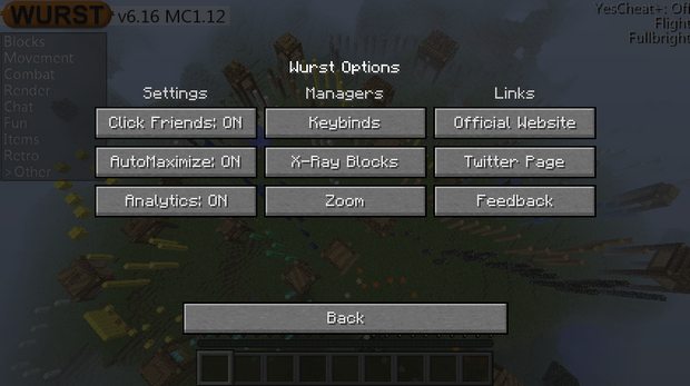 Скачать Майнкрафт чит Wurst MC 1.12 | XRay :: Fly :: Items